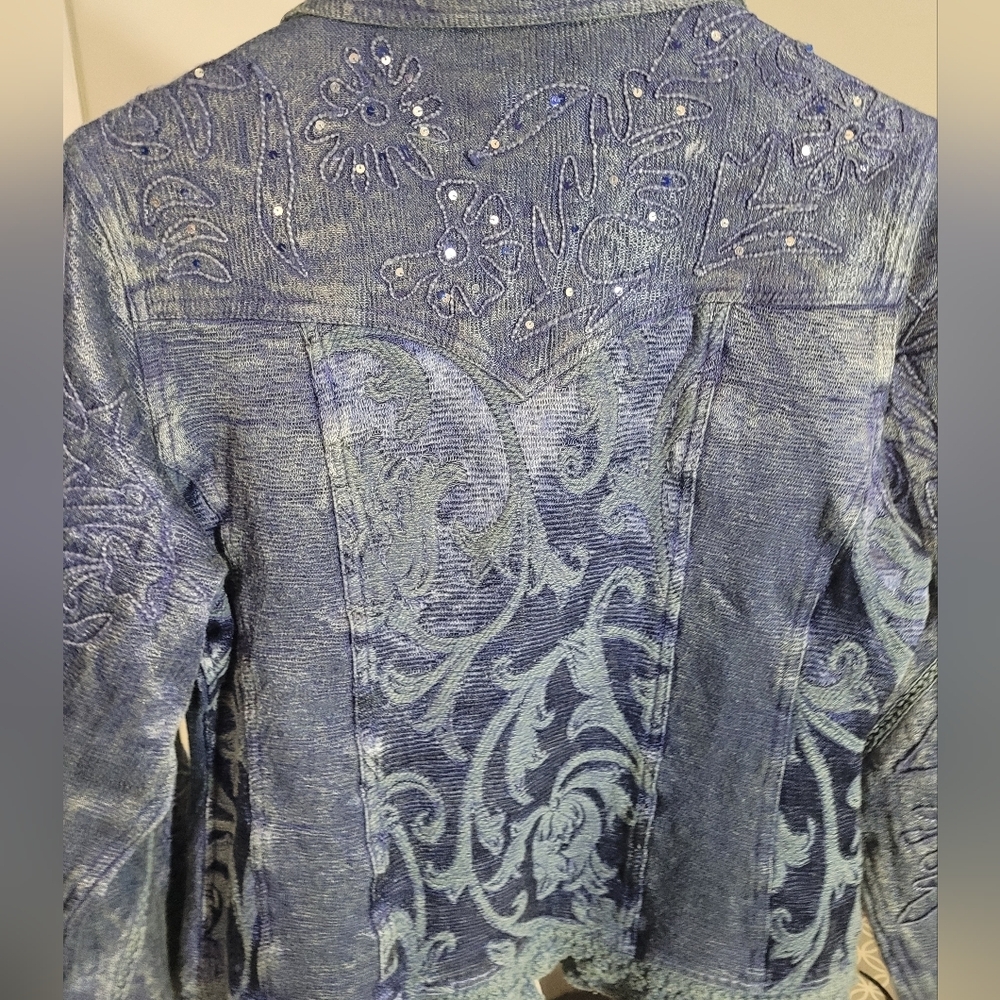Vintage Flashback Couture Stylish Metallic Blue Embroidered Jacket Boho Medium - Picture 4 of 9